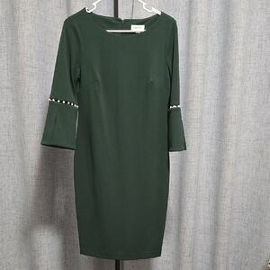 Calvin Klein Dark Green 3/4 Sleeve Dress with Pearl Details Size 8